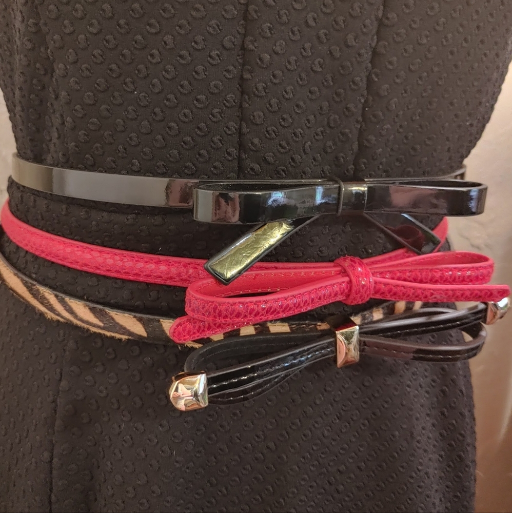 White House Black Market 3 Thin Textured Waist Belts Bows Black Red Animal Print - Picture 6 of 16
